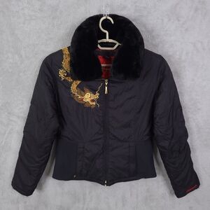 Vintage Obermeyer Dragon Ski Jacket Womens 8 Black Red Embroidered Full Zip Y2K